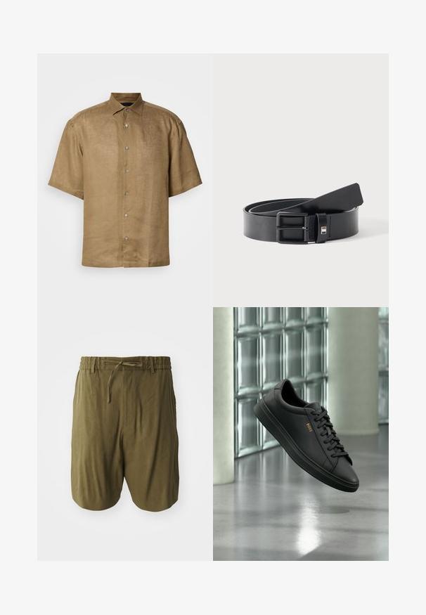 Kortærmet, button-up skjorte i lys brun linned med en tekstureret finish, der har en standardkrave og seks knapper foran.; Olivengrønne shorts lavet af letvægtsstof, med en elastisk talje med snoretræk og sidelommer for ekstra bekvemmelighed.; Sort lavtopet lædersneaker med sorte snørebånd og gyldent BOSS-logo på siden, svævende over en blank grå gulv i et moderne indendørs rum.; Sort læderbælte med mat sort metalspænde, let rullet med remmenes ende hvilende på en hvid overflade.