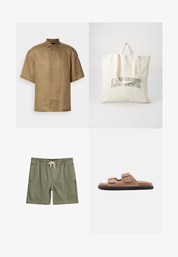 Camisa de manga corta, de botón, en tejido de lino de color marrón claro con un acabado texturizado, que presenta un cuello estándar y seis botones en el frente.; Shorts verde oliva hechos de una tela suave, con una cintura elástica y cordón, dos bolsillos laterales y un ajuste relajado.; Sandalia tipo slide de ante marrón con suela negra, cuenta con dos correas ajustables con hebillas y detalle de costura blanca, vista lateral sobre fondo blanco.; Bolsa de lona en color blanco roto, con asas cortas y el texto impreso "LES DEUX" en letras negras en negrita. Diseño duradero y sencillo.