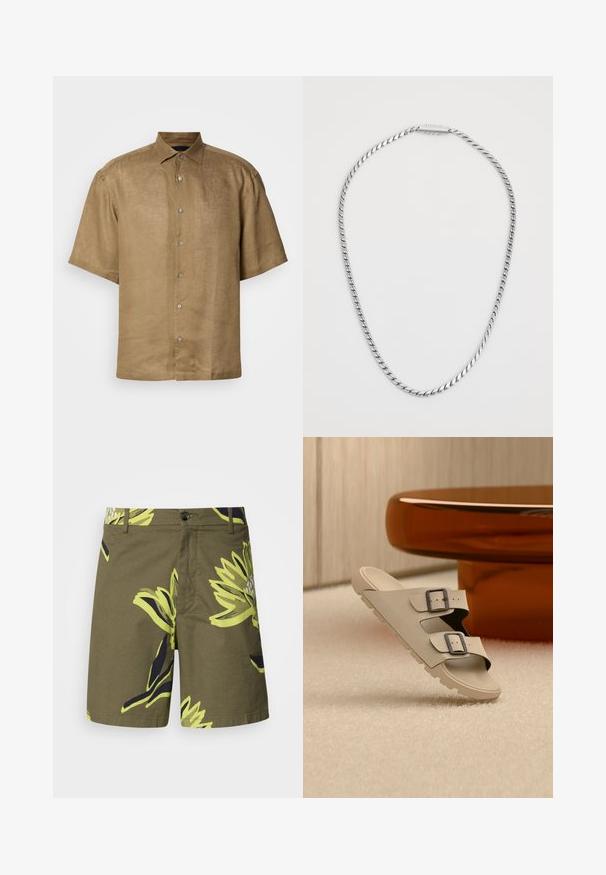 Chemise à manches courtes, boutonnée, en lin beige clair avec une finition texturée, comportant un col standard et six boutons sur le devant.; Shorts vert olive avec un grand motif floral jaune et marine, fabriqués en tissu léger, dotés d'une fermeture à bouton et de poches latérales.; Sandale beige avec deux boucles noires en équilibre sur un sol blanc texturé, devant une table ronde et brillante couleur ambre, dans une pièce minimaliste.; Collier en chaîne tordue en argent avec une texture lisse, présentant un design de fermoir simple. La chaîne a une épaisseur uniforme tout au long.