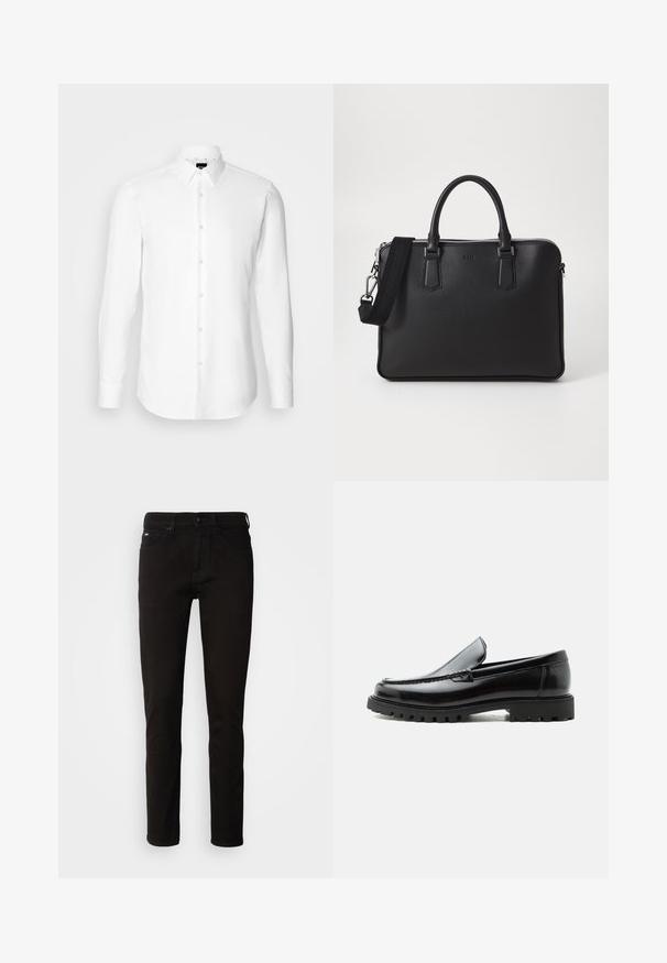 Chemise blanche à manches longues, boutonnée sur le devant, col classique, fabriquée en tissu lisse avec une texture subtile, conçue pour une coupe ajustée.; Jeans en denim noir avec une coupe droite, une fermeture éclair et un design à cinq poches. Le tissu a une texture lisse sans motifs visibles.; Mocassin en cuir noir avec semelle en caoutchouc épaisse, dessus cousu et nom de marque embossé sur le talon, présenté de profil sur fond blanc.; Sac en cuir noir avec surface texturée, deux poignées et une bandoulière amovible. Il présente des fermetures éclair en argent et des éléments de design minimalistes.