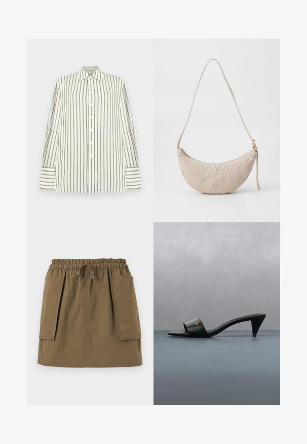 Chemise blanche à manches longues avec des rayures verticales vert olive, fermeture boutonnée à l'avant, col pointu et larges poignets rayés.; Jupe olive, longueur genoux, avec une taille élastique, un cordon de serrage et deux grandes poches latérales. Fabriquée en tissu léger avec des coutures visibles.; Sandale à talon ouverte en cuir noir avec un logo doré sur la bride, flottant au-dessus d'une surface extérieure carrelée avec de la verdure en arrière-plan.; Sac en tissu crème, côtelé, de forme courbe, avec une fermeture éclair et une fine bandoulière réglable. Texture douce et design minimaliste.