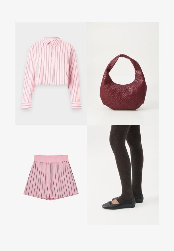 Chemise rose courte à boutons avec des rayures verticales rose foncé, manches longues, col, poche poitrine avant et poignets rayés.; Shorts roses clairs avec des rayures verticales bleues marines, taille élastique et poches latérales. Fabriqués en tissu doux avec une coupe décontractée.; Jambes portant des leggings côtelés foncés associés à des ballerines noires avec de petits détails en nœud sur fond blanc.; Sac à main tissé bordeaux avec une silhouette arrondie, une seule poignée et une finition texturée. Fermeture zippée en haut.