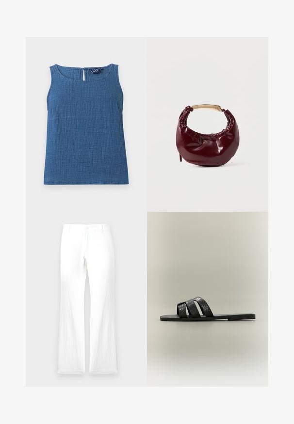 Ärmelloses blaues, strukturiertes Baumwolloberteil mit rundem Ausschnitt und kleinem Schlitz mit Knopfverschluss hinten, mit dem Label GAP.; Weiße Leinenhose mit geradem Bein, Knopfverschluss und ohne sichtbare Muster. Glatte Textur und minimales Design.; Schwarze flache Sandale mit drei texturierten Riemen im Krokodil-Look über dem Fuß und dünner Sohle, seitlich auf neutralem Hintergrund dargestellt.; Burgunderfarbene Kunstleder-Handtasche mit runder Form, gerafften Details und einem goldfarbenen Metallgriff. Glatte Textur und glänzende Oberfläche.