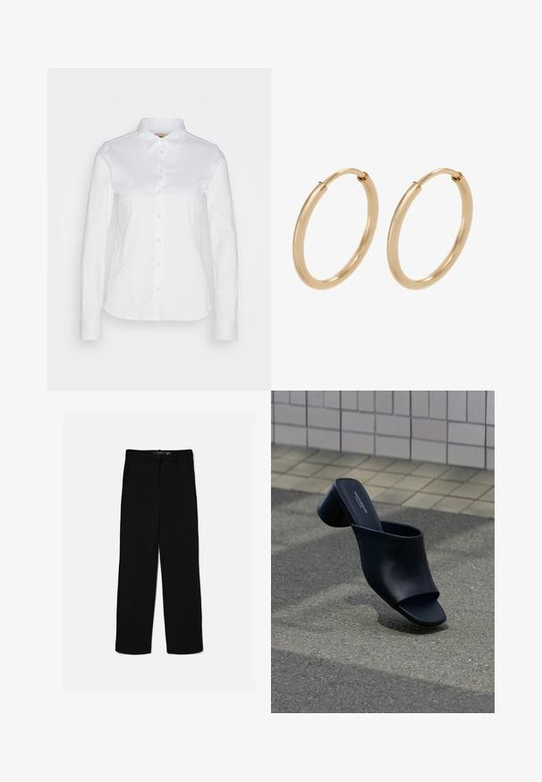 Weißes Langarm-Hemd mit Button-Down-Kragen, aus glattem Baumwollstoff und abgerundetem Saum. Der Stoff hat einen leichten Glanz.; Schwarze gerade geschnittene Hose mit Gürtelschlaufen, Frontreißverschluss und Seitentaschen, flach auf hellem Hintergrund ausgelegt.; Schwarzer offener Leder-Mule mit Blockabsatz, auf Asphalt nahe einer gefliesten Fläche positioniert.; Goldene Creolen mit einer glatten, polierten Oberfläche. Abgerundete Form, mittlere Größe, ausgestattet mit einem sicheren Verschlussmechanismus.