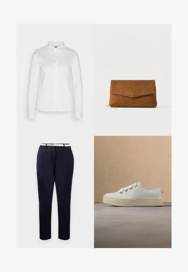 Hvid langærmet skjorte med knaplukning og spread krave, fremstillet i et glat bomuldsstof og rundet kant. Stoffet har en let glans.; Marineblå chinos med en slim fit, bomuldsstof og et hvidt bælte med en guldtonet spænde. Glat tekstur, lige ben, minimalistisk design.; Hvid sneakers med blomsterbroderi, tyk beige sål og store satin snørebånd, svævende indendørs nær et træ sofabord med bøger.; Brun ruskind kuvertclutch med en lille guldfarvet logo på klappen og en tynd guldkædekæde delvist synlig.
