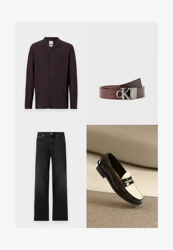 Mørkebrun skjorte med lange ærmer, knappet krave, to brystlommer og knaplukning foran, lavet af letvægtsstof.; Sorte jeans med lige ben, fem-lomme design, bæltestropper og knaplukning, vist på en hvid baggrund.; Sort læderloafer med en cremefarvet vamp og sorte accentstriber, som har en lav hæl og detaljeret syning langs kanterne.; Brunt læderbælte snoet med metalisk "CK" logo-spænde, minimalistisk design på ensfarvet hvid baggrund.