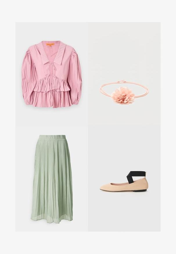 Stine Goya PLEATED BALLOON SLEEVE TIE - Pusero - pink nectar; Pleated midi-hame vaaleanvihreästä kankaasta, jolla on pehmeä rakenne. Joustava vyötärö, virtaava muotoilu ja hienovarainen kiilto koko ajan.; Beige nahkaballettisaapad terava varbaga ja must rihm ümber pahkluu, millel on sile tekstuur ja minimalistlik disain.; Vaaleanpunainen joustava hiuslenkki, jossa pehmeä kangaskukka, jossa on kerroksittain terälehtiä keskellä valkoisella taustalla.