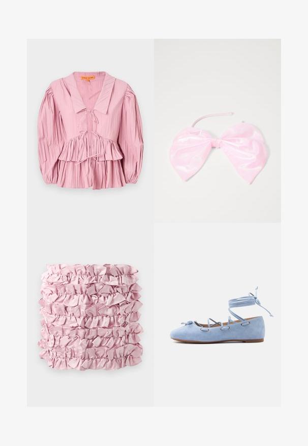 Stine Goya PLEATED BALLOON SLEEVE TIE - Blouse - pink nectar; Tissu froncé rose présentant plusieurs couches d'une texture douce et satinée avec des bords froncés. Forme rectangulaire avec une couleur riche et uniforme.; Ballerine plate en daim bleu clair avec des lanières à lacets qui s’enroulent autour de la cheville et un petit nœud sur le bout.; Accessoire capillaire rose et brillant en forme de grand nœud, avec une texture lisse et une fine sangle pour le maintenir en place.