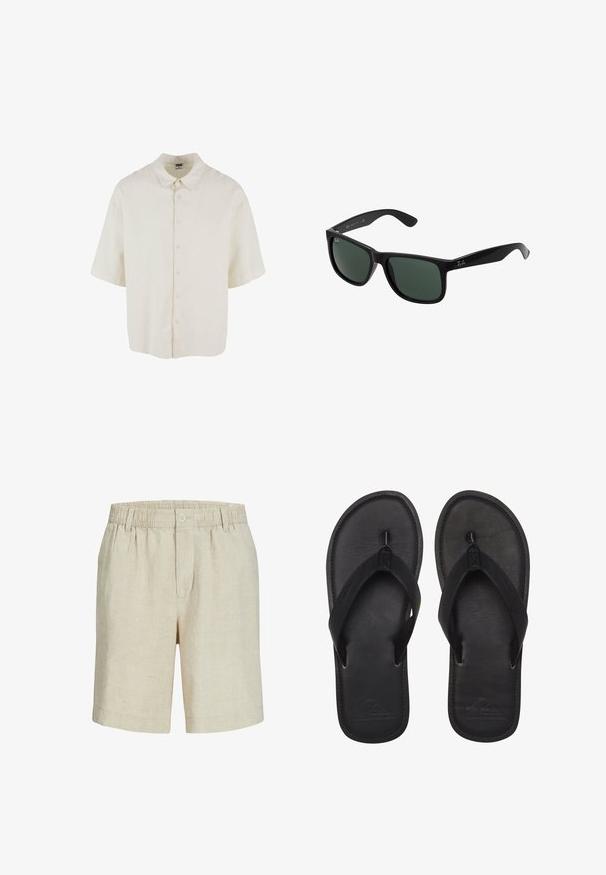 Camisa de manga corta en tela color crema, con un ajuste holgado, cierre de botones y un diseño de cuello clásico.; Pantalones cortos beige hasta la rodilla con cintura elástica, trabillas para cinturón, cierre delantero con botón y cremallera, hechos de tela ligera.; Chanclas negras hechas de material suave, con una tira estilo thong, planta texturizada y logo en relieve en la suela.; Gafas de sol de plástico negro con lentes verdes, que cuentan con un marco cuadrado, acabado liso y el prominente logo de Ray-Ban en las patillas.