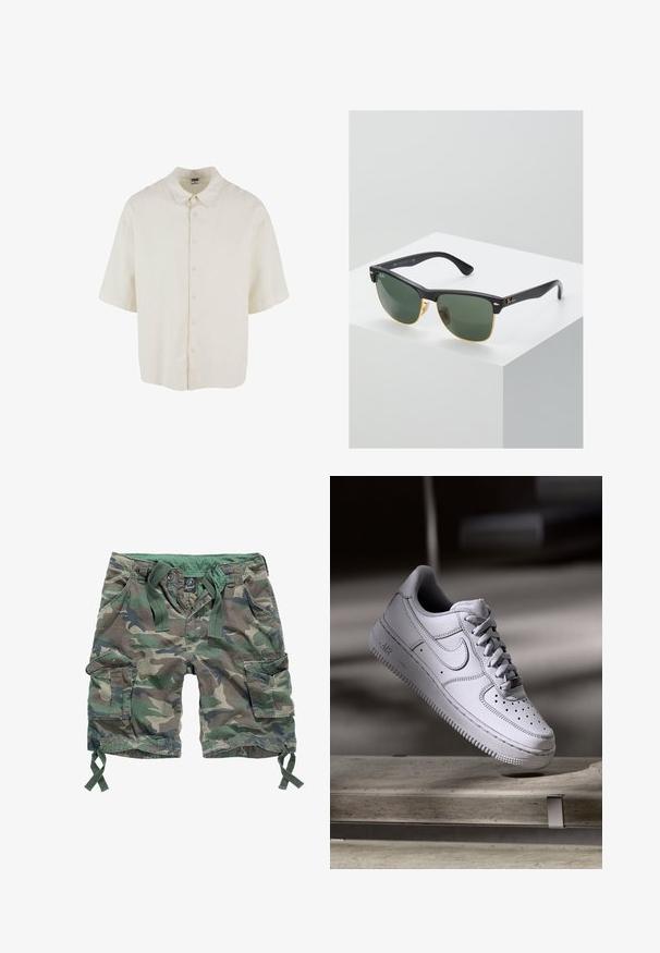 Chemise à manches courtes en tissu couleur crème, avec une coupe décontractée, une fermeture par boutons et un col classique.; Shorts cargo à motif camouflage, dotés de plusieurs poches, d'une taille élastique avec cordons de serrage et d'un matériau en coton.; La basket Nike Air Force 1 en cuir blanc présente un embout perforé, des lacets plats et une semelle en caoutchouc texturée avec le logo « AIR » sur le côté.; Lunettes de soleil Ray-Ban avec des verres verts, monture en plastique noir et accents dorés sur les bords. Forme carrée avec une finition mate.
