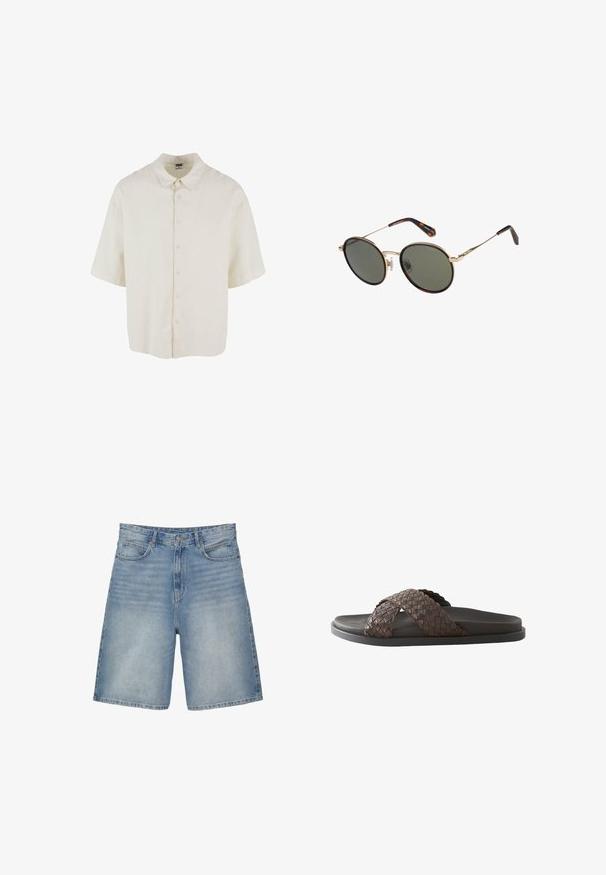 Kurzärmliges Hemd aus cremefarbenem Stoff, mit lockerer Passform, Knopfverschluss und klassischem Kragendesign.; Hellblaue Denim-Shorts mit geradem Schnitt verfügen über fünf Taschen, einen Reißverschluss und eine leicht ausgewaschene Textur.; Dunkelbraune Herrensandale mit gewebten, gekreuzten Lederriemen und schwarzer Sohle auf weißem Hintergrund.; Runde Sonnenbrille mit goldenem Metallrahmen, dunkel getönten Gläsern und Schildpatt-Muster an den Bügelenden auf weißem Hintergrund.