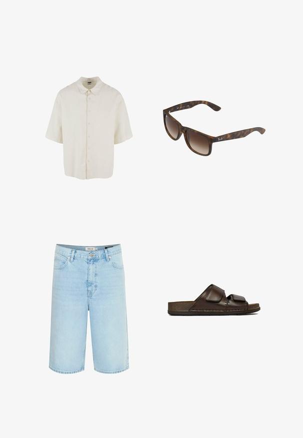 Kurzärmliges Hemd aus cremefarbenem Stoff, mit lockerer Passform, Knopfverschluss und klassischem Kragendesign.; Hellblaue Jeansshorts mit entspannter Passform, fünf Taschen-Design, einfache Knopfverschluss und Kontrastnähte entlang der Nähte.; Dunkelbraune Ledersandale mit zwei verstellbaren Klettverschlüssen und einer dicken, strukturierten Sohle.; Schildpatt-Sonnenbrille mit braunen Verlaufslinsen, rechteckiger Form, dicken Rahmen und einem silbernen Logo-Akzent an der Seite.