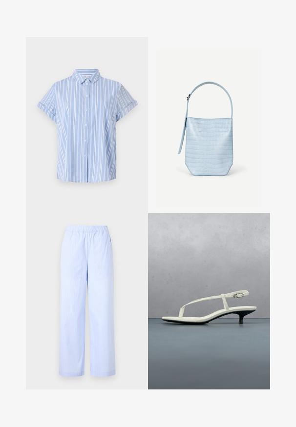 Lichtblauw, kort mouw shirt met knoopsluiting en verticale witte strepen, een kraaghals en opgerolde manchetten. Glad stofoppervlak.; Lichtblauwe gestreepte broek met een elastische tailleband, wijde pijpen, zijzakken en een gladde textuur. Geen extra versieringen.; Witte sandaal met smalle bandjes en kitten heel, met een spitse neus, zwevend boven een houten tegelvloer buiten, met op de achtergrond een wazige plant en muur.; Lichtblauwe handtas met krokodillenpatroon, rechthoekige vorm, enkele handgreep bovenaan en een afneembare zijriem, afgebeeld op een effen witte achtergrond.