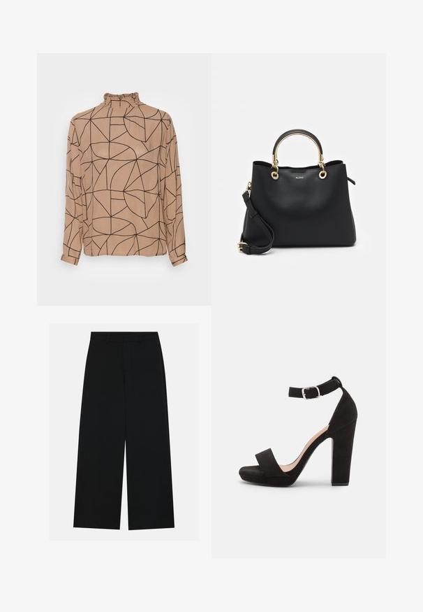 Blusa beige de manga larga con cuello alto y volantes. Presenta un patrón geométrico de líneas negras, tela suave y puños abotonados.; Pantalones negros de pierna ancha hechos de una tela suave. Presentan una cintura plana con pasadores de cinturón y sin bolsillos visibles. Diseño sencillo.; Anna Field Sandalias - black; Bolso de mano de cuero negro con una forma estructurada, acentos de hardware dorado, doble asa superior y una correa de hombro desmontable.