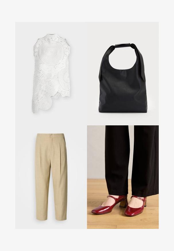 Top blanc sans manches en dentelle avec col montant et motifs circulaires et floraux complexes, avec un ourlet asymétrique.; Pantalons en lin beige avec une coupe décontractée, présentant des plis à l'avant, une taille, et des jambes fuselées se terminant juste au-dessus de la cheville.; Talons Mary Jane en cuir verni rouge avec un bout carré, une sangle sur le cou-de-pied et un petit talon bloc. Portés avec un pantalon noir.; Sac à main en cuir noir avec une grande ouverture sur le dessus et une seule bandoulière. Texture douce, design minimaliste, avec des accents métalliques discrets.