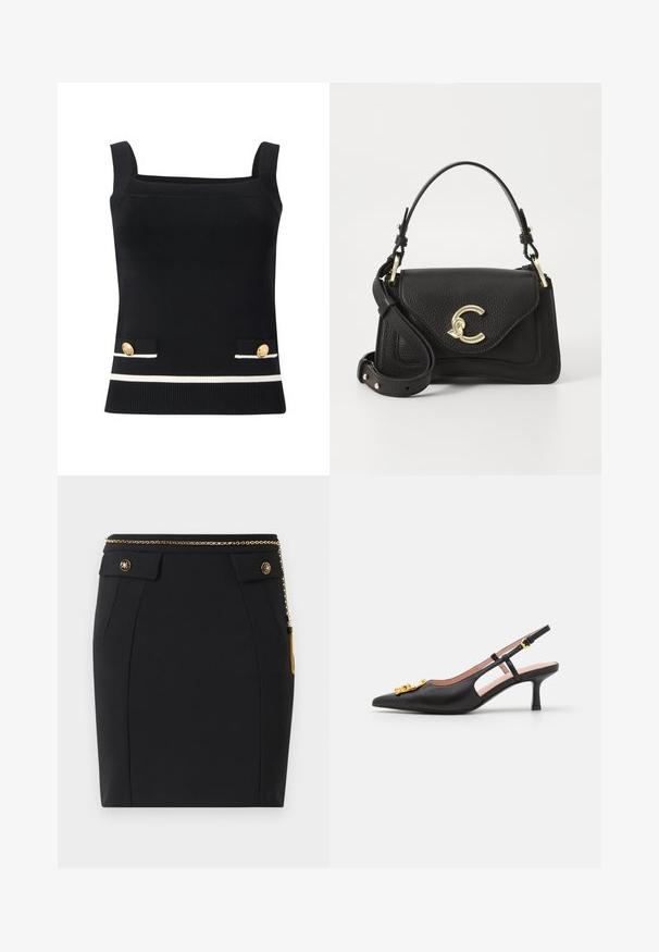 Schwarzes, geripptes Tanktop mit quadratischem Ausschnitt, goldfarbenen Knöpfen an den Taschen und weißen Streifen am Saum. Glatte Textur und figurbetonte Form.; Schwarzer, taillierter Rock mit vorderen Klappentaschen, goldenen dekorativen Knöpfen und einem dünnen goldenen Kettengürtel mit einem Quast auf der rechten Seite.; Schwarze Leder Slingback-Pumps mit spitzem Zeh, goldenen Hardware-Details und einem eher mittelhohen Absatz. Mit ausgeschnittenem Seitendesign und verstellbarem Riemen.; Schwarze Lederhandtasche mit strukturierter Oberfläche, ausgestattet mit einem goldfarbenen Verschluss, einem oberen Griff und einem verstellbaren Schulterriemen.