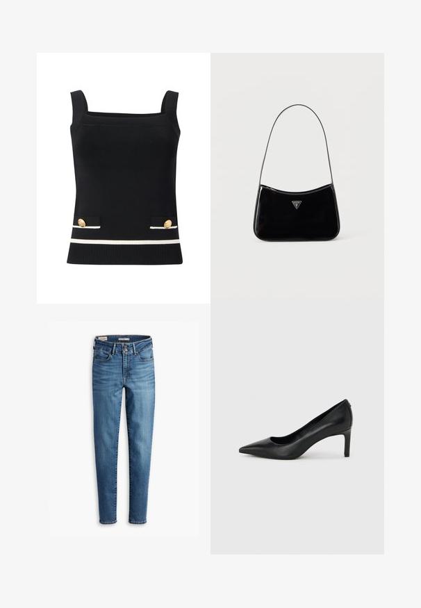 Schwarzes, geripptes Tanktop mit quadratischem Ausschnitt, goldfarbenen Knöpfen an den Taschen und weißen Streifen am Saum. Glatte Textur und figurbetonte Form.; Hochtaillierte, schmale Jeans aus hellblauem Denim. Verfügt über fünf Taschen, einen vorderen Knopfverschluss und klassische Nähdetails.; Schwarzer, spitz zulaufender High-Heel-Pumps aus Leder mit einem schlanken, mittelhohen Absatz auf einem schlichten hellgrauen Hintergrund.; Schwarze Schultertasche aus Lackleder mit schmalem Riemen, dreieckigem Guess-Logo vorne und einem Reißverschluss oben.