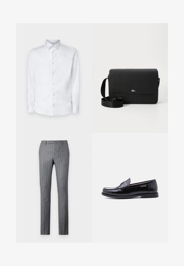 Camisa blanca de manga larga hecha de tela suave, con un cuello clásico, tapeta de botones y puños con botones, presentada sobre un fondo liso.; Pantalones a rayas gris claro hechos de una tela texturizada, que presentan un diseño clásico, un corte recto y dos bolsillos frontales.; Mocasines de cuero negro con acabado brillante, que presentan un diseño cosido en la puntera y una suela baja de goma negra texturizada.; Bolso cruzado de cuero negro con una textura suave, tapa frontal, acento con logo plateado y correa de tela ajustable.