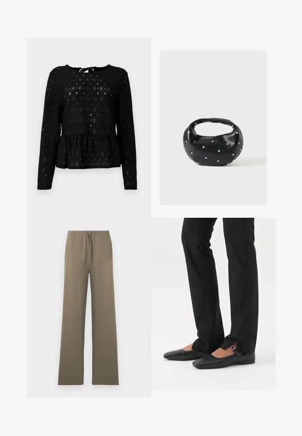 Top peplum noir en dentelle texturée avec des manches longues, présentant un col rond et un détail noué au dos.; Pantalons larges en vert olive, fabriqués en tissu doux, dotés d'une taille élastique avec cordon de serrage et sans poches visibles.; Jambes vêtues d’un pantalon slim noir avec des fentes à l’avant de l’ourlet, assorties à des chaussures plates Mary Jane noires avec une petite bride à boucle.; Sac à main en cuir noir de forme arrondie, décoré de clous argentés et équipé d'une poignée courte. Texture lisse et fermeture éclair.
