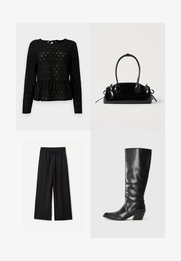 Sort peplum top lavet af struktureret blonde med lange ærmer, der har en rund halsudskæring og en knyttedetalje på ryggen.; Sorte bukser med bred benvidde lavet af blødt stof. Har en elastisk talje med snøre og to sidelommer. Flad front med plisseringer.; Sorte læder knæhøje støvler med spids tå, vinklet hæl og glat tekstur. Funktioner en subtil syning langs siden.; Lille sort blank håndtaske med to lange håndtag og snøre-detaljer i siden på en ensfarvet lys baggrund.