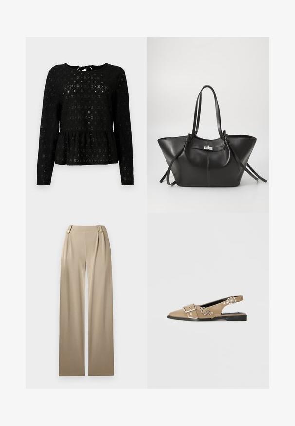Sort peplum top lavet af struktureret blonde med lange ærmer, der har en rund halsudskæring og en knyttedetalje på ryggen.; Beige brede bukser med en glat overflade, der har to dekorative knapper i taljen og subtile plisseringer for ekstra detaljer.; Beige patenteret slingback sko med spidse tå, to justerbare spænder og en lav sort hæl. Glat tekstur med en blank finish.; Sort læder tote taske med en bred, trekantet form. Har en slank metallisk lås, lange håndtag og glat tekstur.