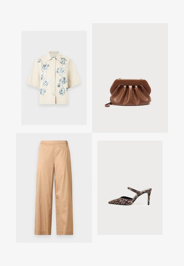 Chemise beige à manches courtes boutonnée avec broderie florale bleu-gris sur le devant et col pointu.; Pantalon beige à jambes larges avec une taille haute, un devant plat et un ourlet droit, présenté sur un fond gris clair uni.; Mule à talon haut à bout pointu avec motif léopard et une fine bride sur le dessus du pied.; Pochette en cuir marron au design plissé et structure rigide en haut, équipée d'une petite anse pour poignet et de détails de fermoir dorés.