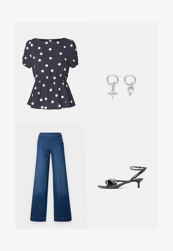 Mørkeblå bluse med hvide polka-dots, korte pufærmer, rund halsudskæring og en samlet talje for en peplum-effekt. Blødt stof.; Denimbukser med vidde i benene i mørkeblå. Har en flad front med fem knapper i gylden tone til lukning. Glat tekstur med en klassisk finish.; Sort sandaler i laklæder med tynde stropper, lille kitten-hæl og justerbar ankelspænde.; Sølv hoop øreringe med et kors og hjerte charm. Glat, skinnende tekstur med en poleret finish. Hver charm hænger fra en sikker løkke.