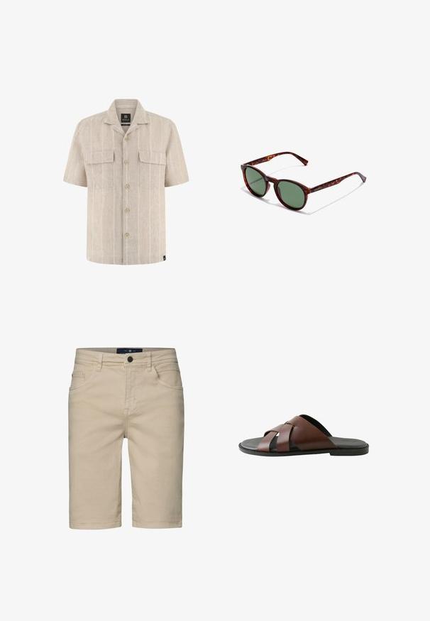 Beiges Hemd mit kurzen Ärmeln, durchgehendem Knopfverschluss, dezenten vertikalen Streifen und zwei Brusttaschen mit Klappen.; Beige Denim-Shorts mit geradem Schnitt, fünf Taschen, einem Knopfverschluss und genähten Details. Glatte Textur und knielanges Design.; Braune Herren-Pantoletten aus Leder mit gekreuzten Riemen und schwarzer Sohle, seitlich auf weißem Hintergrund dargestellt.; Braune Schildpatt-Sonnenbrille mit runden Rahmen, grünen Gläsern und gemusterten Bügeln. Mit Markenlogo an einem Bügel.