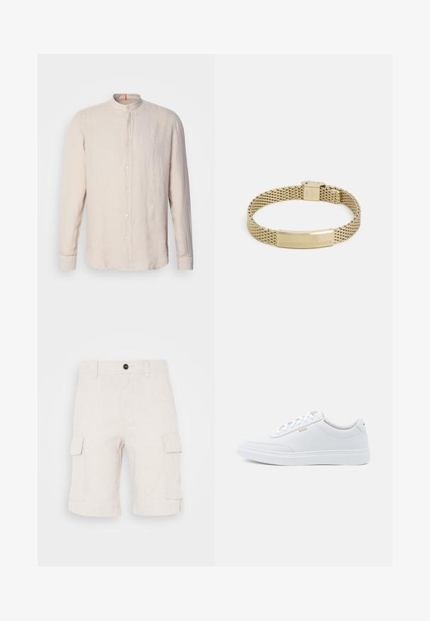 Camisa de lino beige claro de manga larga con cuello de banda, cierre frontal de botones y una textura sutil. Presenta un acento naranja en el escote.; Pantalones cortos cargo beige hechos de tela ligera, con dos bolsillos laterales y un dobladillo doblado. Cierre de botón en la cintura.; Zapatillas de cuero blanco con textura suave, puntera redondeada y costuras tonales. Cuentan con cordones azules y un logo dorado en el lateral.; Pulsera de malla dorada con una placa plana grabada que presenta la palabra "BOSS". El diseño es elegante, con una textura metálica y un cierre seguro.