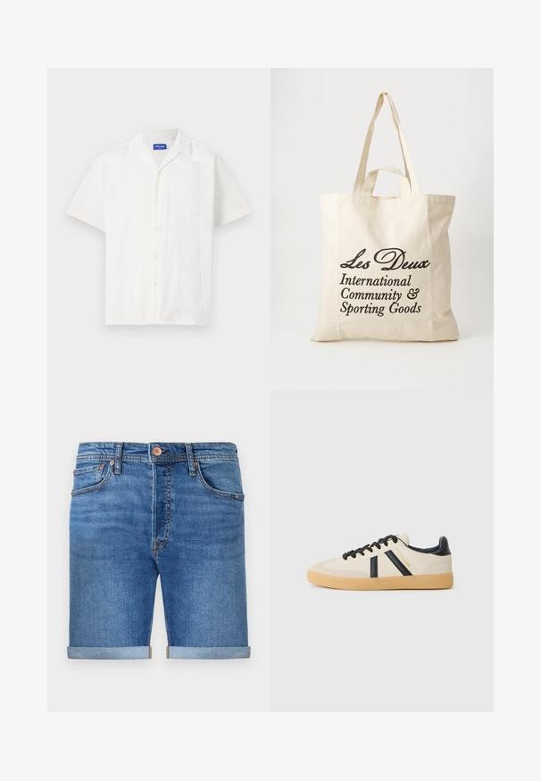 Weißes Kurzarmhemd mit Knopfverschluss, das komplizierte Muster an der Vorderseite und ein klassisches Kragendesign aufweist.; Denim-Shorts in einem mittleren Blauton mit umgeschlagenen Säumen, Fünf-Taschen-Design, Messingknopfverschluss und kontrastierenden Nähten.; Legere Sneaker in Creme mit schwarzen Streifen, mit einer strukturierten Oberseite und einer Sohle aus Gummi. Die Schnürsenkel sind schwarz. Diskretes Logo an der Seite.; Beige Baumwolltragetasche mit zwei stabilen Tragegriffen. Mit schwarzem Drucktext: "Les Deux International Community & Sporting Goods."