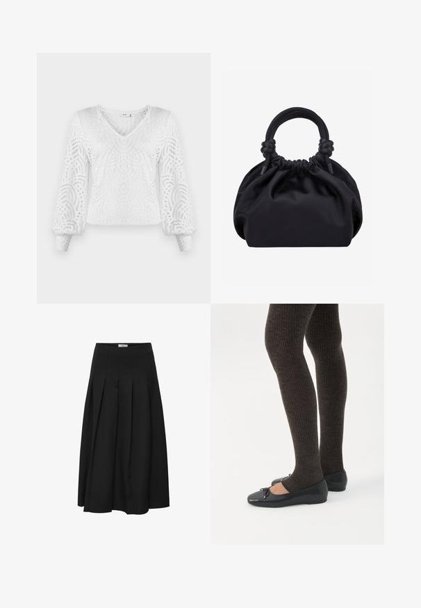Pull en blanc à col en V, manches longues bouffantes et un motif complexe en dentelle avec des découpes. Tissu texturé et léger.; Jupe midi plissée noire en tissu lisse. Elle présente une taille haute et une silhouette fluide avec des plissés soigneusement cousus.; Jambes portant des leggings côtelés foncés associés à des ballerines noires avec de petits détails en nœud sur fond blanc.; Sac à main en tissu noir doux avec haut froncé et poignées circulaires rembourrées nouées de chaque côté.