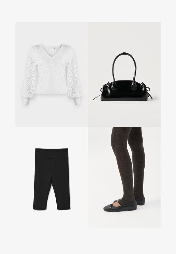 Suéter blanco con escote en V, mangas largas abullonadas y un intrincado patrón similar al encaje con detalles troquelados. Tejido texturizado y ligero.; Leggings negros hasta la rodilla hechos de un tejido elástico, con una cinturilla ancha y costuras planas para mayor comodidad. Sin patrones ni acentos visibles.; Piernas con leggings oscuros acanalados combinados con bailarinas negras que presentan pequeños detalles de lazo sobre un fondo blanco.; Pequeño bolso negro brillante con dos asas largas y detalles de cordón lateral sobre un fondo claro liso.