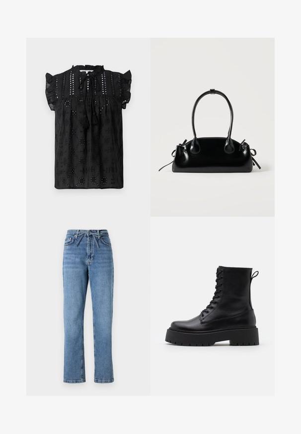 Sort, kortærmet bluse med samlet halsudskæring, blonder detaljer og frynse accenter. Har broderede mønstre og struktureret stof.; Lyseblå denimjeans med lige pasform, høj talje, der har en frontsløjfe og klassisk fem-lomme design. Struktureret overflade med subtile falmninger.; Sorte læder ankelstøvler med rund tå, snørebånd foran og en tyk gummisål med struktureret slidbane. Hæfteløkke bagpå.; Lille sort blank håndtaske med to lange håndtag og snøre-detaljer i siden på en ensfarvet lys baggrund.