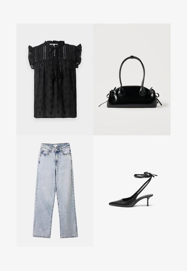Sort, kortærmet bluse med samlet halsudskæring, blonder detaljer og frynse accenter. Har broderede mønstre og struktureret stof.; Lysblå lige ben jeans lavet af denim, med to frontlommer, en knaplukning og kontraststing langs sømmene.; Sorte læder stiletto sko med spids tå, åben bag, og ankelstropper bundet i en sløjfe. Slank 3-tommers hæl. Glat overflade, minimalistisk design.; Lille sort blank håndtaske med to lange håndtag og snøre-detaljer i siden på en ensfarvet lys baggrund.