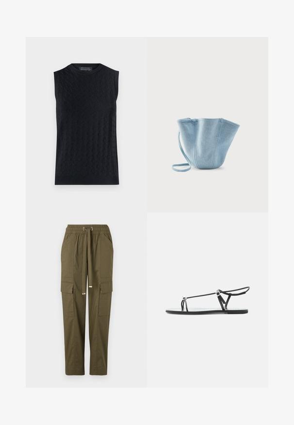 Sort ærmeløs sweater med et tekstureret diamantmønster, ribbet halsudskæring og søm, lavet af et blødt strikmateriale.; Oliven grønne cargo-bukser med elastisk talje, snor, to sidelommer og to cargo-lommer, der har en glat bomuldsstruktur.; Sort flad sandal med tynde remme, en tå-løkke og en justerbar ankelspænde på en lys grå baggrund.; Lyseblå stofhåndtaske med lang strop, bred åbning øverst og stikninger i lodrette sømme, sat mod en ensfarvet hvid baggrund.