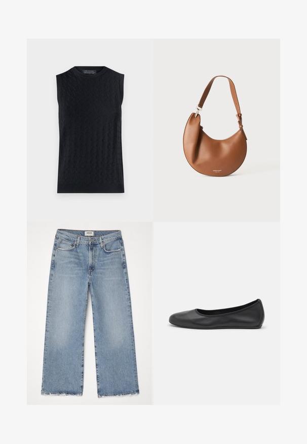 Sort ærmeløs sweater med et tekstureret diamantmønster, ribbet halsudskæring og søm, lavet af et blødt strikmateriale.; Agolde HARPER CROP - Wide leg - blue; Sort læderballetsko med rund tå, glat tekstur, minimal syning og et fleksibelt såldesign.; Brun læder skuldertaske formet som en halvmåne med justerbar rem og lille sølv logo tekst i bunden midt.