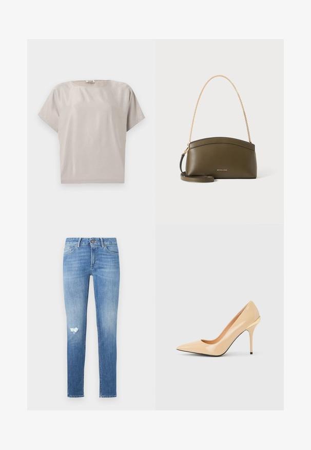 Blouse beige en coton à manches courtes, col rond, coupe ample, avec une petite étiquette à l'arrière du col intérieur.; Jean skinny bleu avec un effet délavé et un petit trou usé sur la cuisse gauche, doté de poches avant et d'une fermeture à bouton.; Escarpin à talon haut en cuir verni beige avec bout pointu et talon aiguille fin, orné d'un petit accent doré à l'arrière.; Sac à main Michael Kors vert olive avec bandoulière en chaîne dorée, dessus courbé et petit logo doré sur le devant, présenté sur fond blanc.