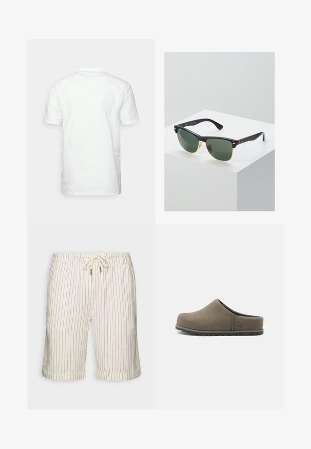 Chemise blanche à manches courtes en lin avec un col plat, des coutures visibles et une coupe droite, vue de dos.; Shorts en mélange de lin couleur beige clair avec de légères rayures verticales marron. Dotés d'une taille élastique avec cordon de serrage et d'ourlets roulés.; Sabot en daim marron à enfiler avec bout fermé, semelle rembourrée et talon bas, conçu pour une utilisation décontractée en intérieur et en extérieur.; Lunettes de soleil Ray-Ban avec des verres verts, monture en plastique noir et accents dorés sur les bords. Forme carrée avec une finition mate.