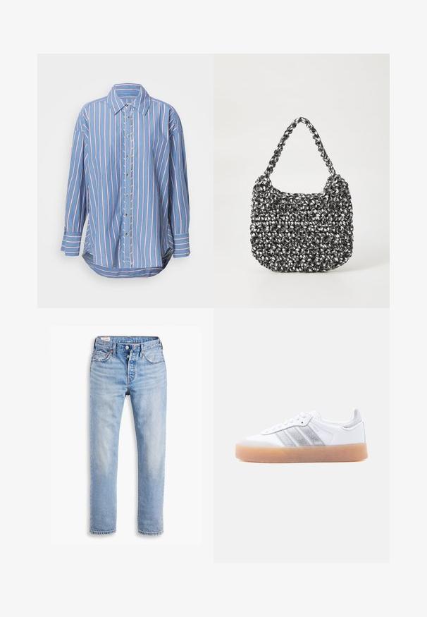 Blå stribet skjorte med knapper, der har røde og hvide lodrette striber, lange ærmer, en folded krave og en buet kant.; Lyseblå denimjeans med lige snit, to forlommer og knaplukning. Slidt struktur med let bleget område nær knæene.; Hvid lavtop-sneaker med gum-gummisål, sølvstribede sideaccents og snørelukning, vist mod en ensfarvet lys baggrund.; Vævet håndtaske i sort og hvid med en rund form, tekstureret overflade og et fletet håndtag. Velegnet til afslappet brug.