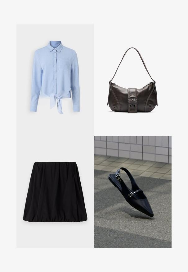 Blau-weiß gestreiftes Hemd mit langen Ärmeln, einem gebundenen vorderen Saum und einer einzelnen Brusttasche. Glattes Material und klassisches Kragen-Design.; Schwarzer, geraffter Rock aus weichem Stoff, mit einem elastischen Taillenbund und einer voluminösen Silhouette. Keine sichtbaren Muster oder Akzente.; Schwarzer Slingback-Flachschuh mit spitz zulaufender Spitze und doppelten Schnallenriemen, ruhend auf grauem Asphalt nahe einer gefliesten Wand.; Braune Lederumhängetasche mit gebogener Form, die mit einem auffälligen Schnallendetail, kontrastierenden Nähten und einem einzigen Schulterriemen ausgestattet ist.