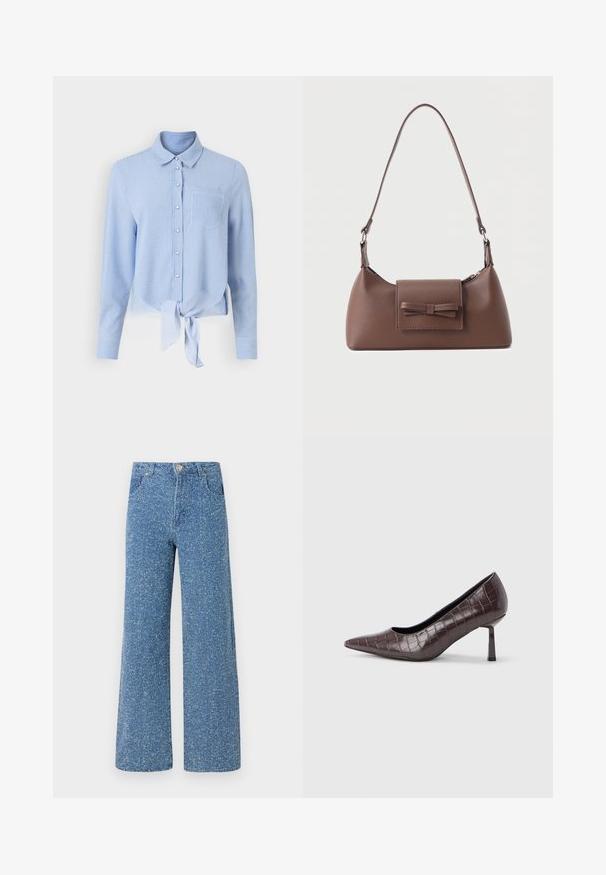 Blau-weiß gestreiftes Hemd mit langen Ärmeln, einem gebundenen vorderen Saum und einer einzelnen Brusttasche. Glattes Material und klassisches Kragen-Design.; Blaue Denim-Breitbeinerjeans mit einer gesprenkelten Textur, ausgestattet mit einem Knopfverschluss vorne, Gürtelschlaufen und zwei Vorder-Taschen.; Braune Pumps mit spitz zulaufender Spitze aus Kunstleder in Krokodiloptik, mit schlankem, eckigem Absatz und glatter Innenfütterung.; Braune Leder-Umhängetasche mit einer vorderen Klappentasche, die ein gestepptes Schleifendetail und einen verstellbaren Riemen aufweist.