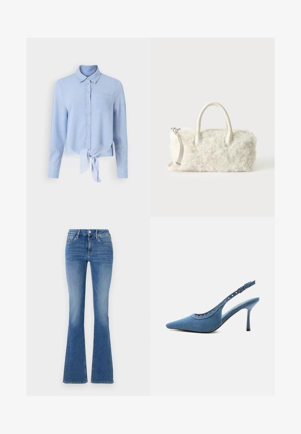 Chemise boutonnée à rayures bleues et blanches avec des manches longues, un ourlet devant noué et une poche poitrine unique. Tissu lisse et design de col classique.; Jeans taille haute en denim bleu avec poches avant, fermeture à bouton et à glissière, et jambes évasées.; Chaussure à talon haut slingback en denim bleu à bout pointu avec détails œillets argentés et bride réglable à boucle.; Petit sac à main blanc à texture de fourrure bouclée, doubles poignées et bandoulière amovible sur un fond clair uni.