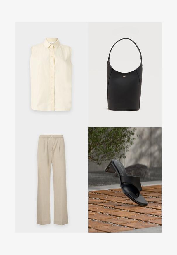 Chemise sans manches boutonnière de couleur jaune pâle, ornée d'un col classique et de cinq boutons sur le devant, avec une finition en tissu lisse et texturé.; Pantalons beige clair avec une jambe droite, taille élastique et un bouton à l'avant. Fabriqués à partir d'un tissu texturé.; Sandale à talon noire Calvin Klein avec boucle pour l’orteil, posée sur un sol en carreaux de bois en extérieur, près d’un arbre et d’un mur en pierre.; Sac seau en cuir noir avec une seule bandoulière et un petit logo BOSS doré centré près du haut à l'avant.
