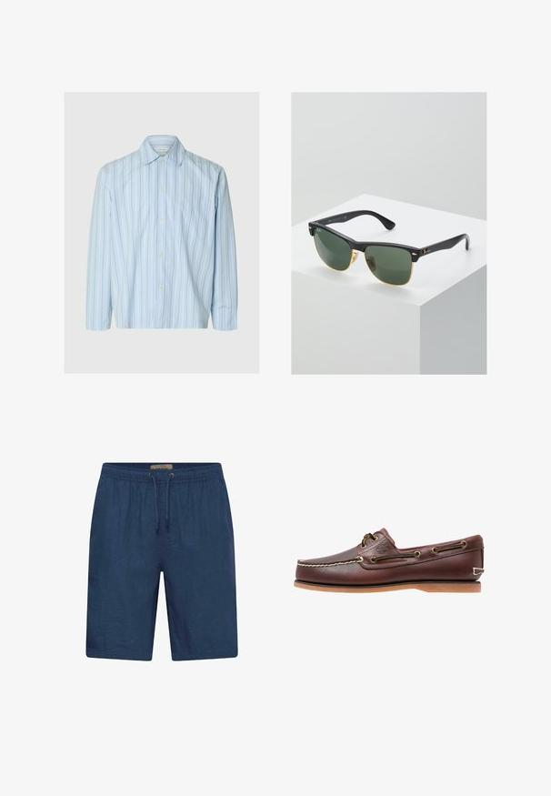 Chemise bleu clair à manches longues avec boutons, fines rayures verticales blanches et foncées, et une poche poitrine sur fond uni.; Short de bain bleu marine en tissu léger, avec une taille élastique et un cordon de serrage, coupe droite.; Chaussure bateau en cuir marron avec coutures blanches, détails de lacets et semelle en caoutchouc beige, vue de côté sur fond blanc.; Lunettes de soleil Ray-Ban avec des verres verts, monture en plastique noir et accents dorés sur les bords. Forme carrée avec une finition mate.