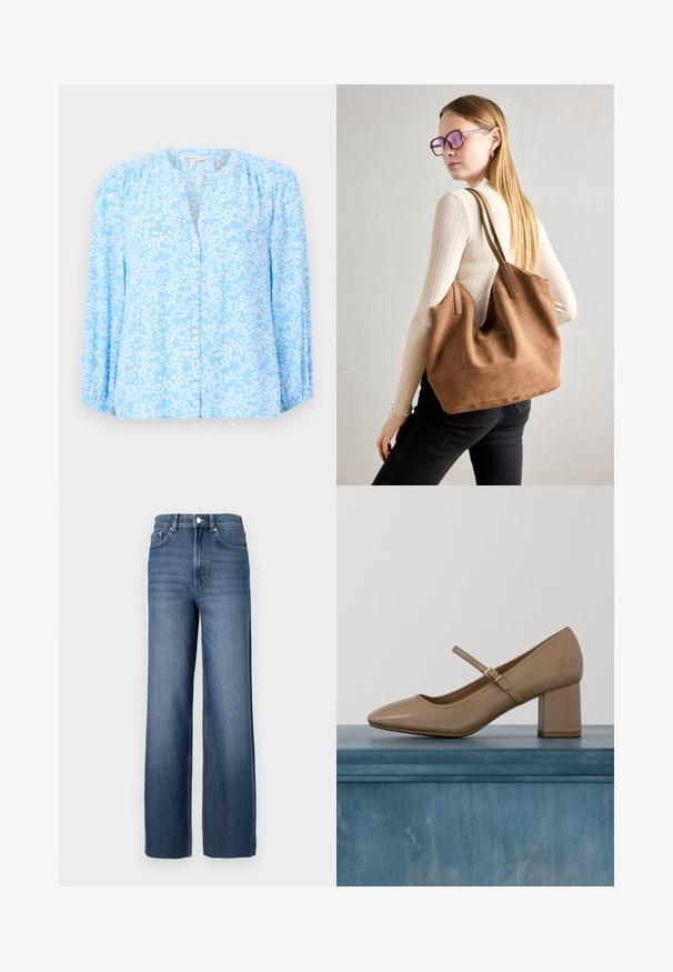 Lyseblå skjorte med hvidt blomstermønster, lange ærmer, rund hals og knaplukning foran. Blødt stof med let struktur og samlet detalje.; Blå denimjeans med høj talje og vidde ben. Har et klassisk fem-lomme design og metal knapdetaljer.; Beige læderpumpe med blokhæl, rundet tå og en dekorativ strop med en gylden spænde. Glat tekstur, minimalistisk design.; Brun ruskind tote taske med blød tekstur, stor åbning og lange stropper. Har et enkelt design med synlige syninger og ingen hardware.