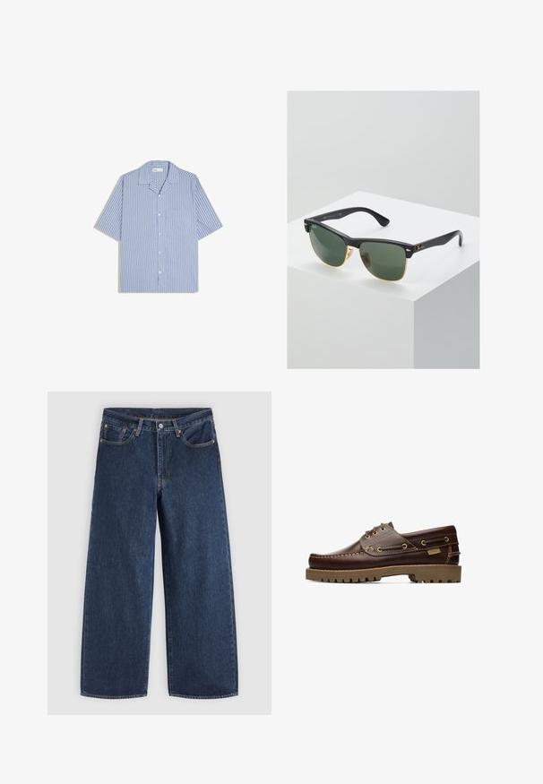 Lichtblauw overhemd met korte mouwen, knopen, zwarte verticale strepen en een borstzak, plat gelegd op een witte achtergrond.; Donkerblauwe wijde denim jeans met voorzakken, knoopsluiting en riemlussen, plat gelegd op een lichte achtergrond.; Bruine leren veterschoen voor op een boot met gestikte details en een dikke rubberen zool, gezien vanaf de zijkant.; Ray-Ban zonnebrillen met groene lenzen, zwarte plastic monturen en gouden accenten aan de randen. Vierkante vorm met een matte afwerking.