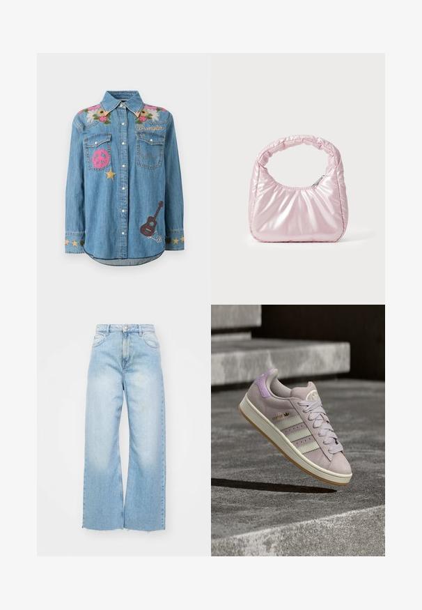 Denim-nööpidega särk lilleliste tikanditega õlgadel, roosa rahumärgi plaastriga, kuldsete tähtede, "Wrangler" tekstiga ja pruuni kitarri plaastriga ees.; Heledad sinised laiad teksapüksid, mis on valmistatud denimist, kõrge vöökohaga, fadeeritud detailidega, nupuväärisega ja toore äärisega all.; Lavendlivärvi Adidas Campus toss valgete triipude ja kummikummist tallaga, hõljumas pehmes valguses betoonastmete kohal.; Roosa, polsterdatud käekott ümmarguse disainiga, valmistatud läikivast materjalist. Omab kogutud käepidet ja lukuga sulgemist, et tagada turvaline ligipääs.