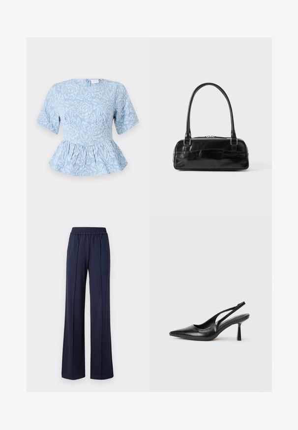 Top peplum azul claro con mangas cortas, bordado floral texturizado, escote redondo y cremallera oculta en la parte trasera.; Pantalones de pierna ancha de color azul marino con una cintura elástica, fabricados en una tela suave y lisa. Presentan líneas limpias y una silueta relajada.; Zapato de tacón alto negro de cuero con puntera afilada y tacón delgado sobre un fondo blanco.; Bolso de mano de cuero negro con forma rectangular, equipado con un asa estructurada, herrajes en plata y cierre de cremallera. Textura suave.
