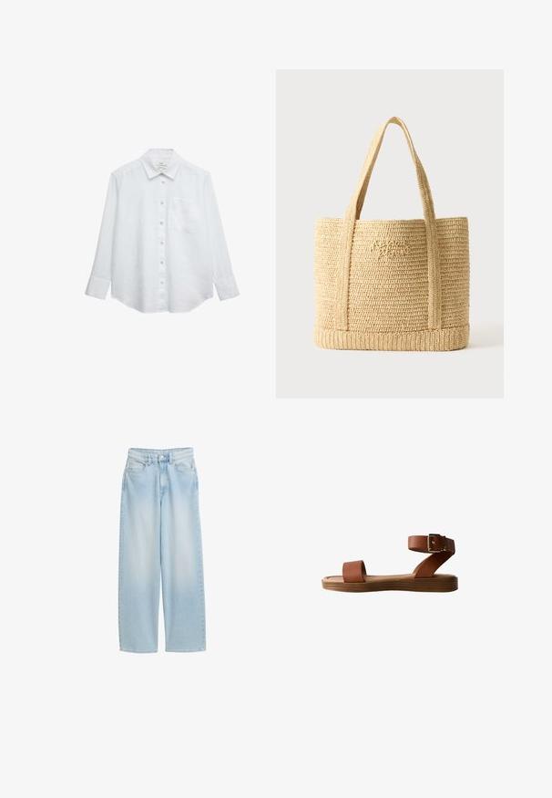 Hvid langærmet skjorte med knaplukning, lavet af let hør, med brystlomme og en let buet kant.; Lyseblå vidbenet denimjeans med høj talje, forreste knappe- og lynlåslukning samt fem lommer.; Brun flad sandal med bred frontrem, ankelrem med guldlås og tekstureret sål på hvid baggrund.; Beige flettet stråtaske med to skulderstropper og subtil kursiv broderi foran, sat mod en ensfarvet baggrund.