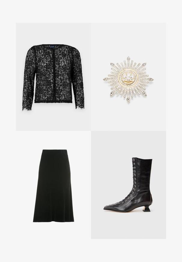 Cardigan en dentelle noire avec manches longues, boutons sur le devant, motif floral, bords festonnés et texture douce. Étiquette de la marque visible au niveau du col.; Jupe A-line noire en velours doux, avec une texture lisse et un design mi-long avec une taille cintrée.; Bottine noire en cuir avec un bout pointu, laçage à l'avant, œillets en métal, petit talon block et un design épuré. Texture lisse, silhouette moderne.; Broche en argent avec un design en rayons de soleil, mettant en vedette des strass clairs et un centre circulaire accentué d'or avec un emblème.